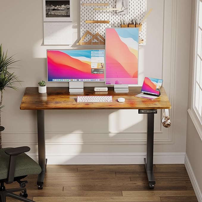 Electric Standing Desk 48 Inch, Ergonomic Height Adjustable Table with T-Shaped Metal Bracket Modern Computer Workstations for Home Office, Rustic Brown - LeafyLoom
