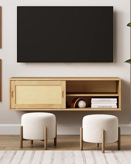 Nathan James Keanu Mid-Century Modern Bohemian Floating Wall Mounted Media Entertainment TV Console Cabinet with Sliding Cane Door, 1, Natural Brown/Rattan - LeafyLoom