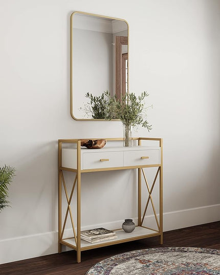 Leick Home 9231-WTGL Claudette Mixed Metal and Wood Hall Stand with Shelf, White/gold - LeafyLoom