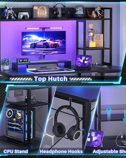 Cyclysio Gaming Desk with Hutch, 47'' Computer Desk with LED Lights & Power Outlets, Home Office Desk with Reversible 5 Tiers Storage Shelves & Monitor Stand, Small Gaming Table for Small Space, Black - LeafyLoom