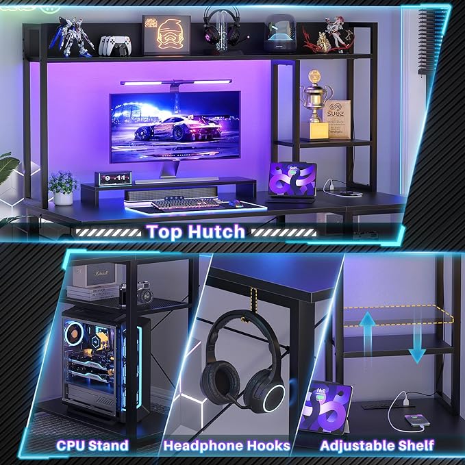 Cyclysio Gaming Desk with Hutch, 47'' Computer Desk with LED Lights & Power Outlets, Home Office Desk with Reversible 5 Tiers Storage Shelves & Monitor Stand, Small Gaming Table for Small Space, Black - LeafyLoom