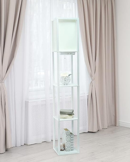 Simple Designs LF1037-WHT Floor Lamp Etagere Organizer Storage Shelf with 2 USB Charging Ports, 1 Charging Outlet and Linen Shade, White - LeafyLoom