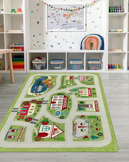 LIVEBOX Green Kids Playroom Rug, 5'x7' Washable Road Rug for Kids Room, Non-Slip Soft Car Rug Play Mat for Baby Nursery, Large City Traffic Rug Classroom for Boys Girls Dorm Toy Room Tent - LeafyLoom