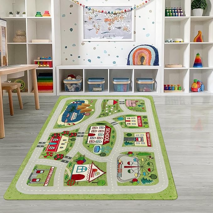 LIVEBOX Green Kids Playroom Rug, 5'x7' Washable Road Rug for Kids Room, Non-Slip Soft Car Rug Play Mat for Baby Nursery, Large City Traffic Rug Classroom for Boys Girls Dorm Toy Room Tent - LeafyLoom