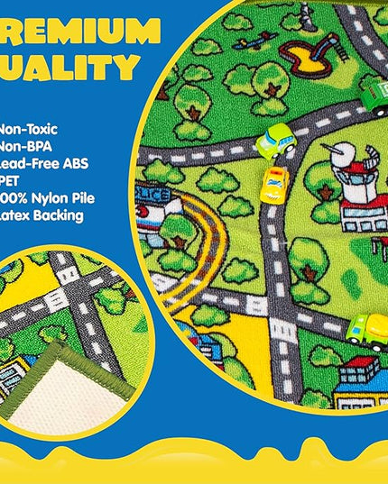 JOYIN Carpet Playmat w/ 12 Cars Pull-Back Vehicle Set for Kids Age 3+, Jumbo Play Room Rug, City Pretend Play - LeafyLoom