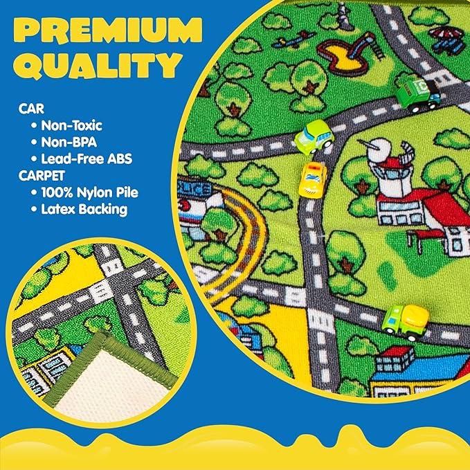 JOYIN Carpet Playmat w/ 12 Cars Pull-Back Vehicle Set for Kids Age 3+, Jumbo Play Room Rug, City Pretend Play - LeafyLoom