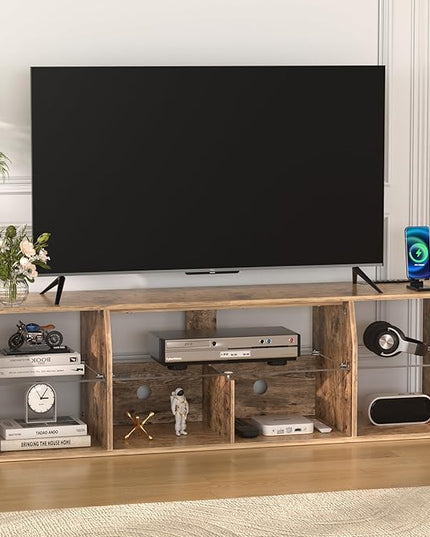 VECELO LED TV Stand Power Outlet for 65 inch Gaming Entertainment Center with 7 Open Storage Shelves, Industrial Television Cabinet for Living Room, Bedroom, Light Brown, 65inch - LeafyLoom