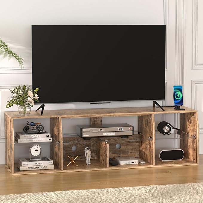 VECELO LED TV Stand Power Outlet for 65 inch Gaming Entertainment Center with 7 Open Storage Shelves, Industrial Television Cabinet for Living Room, Bedroom, Light Brown, 65inch - LeafyLoom