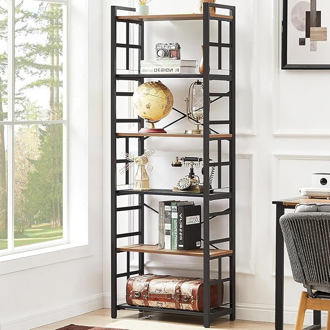HOMBAZAAR Bookshelf,6 Tier Tall Bookshelf with Metal Frame,Open Bookshelves and Bookcases,Industrial Book Shelf for Living Room,Home Office and Bedroom,Rustic Brown - LeafyLoom