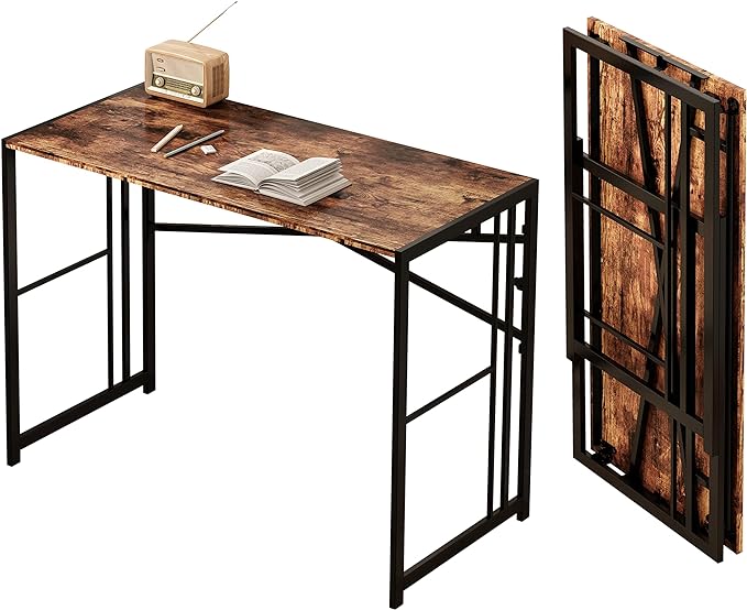 EMODA 40 inch Folding Desk No Assembly Needed Home Office Desk Study Writing Gaming Computer Table, Rustic Brown - LeafyLoom