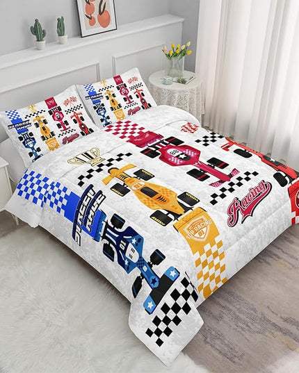 Axolotl Racing Car Comforter Set Twin Size,Colorful Sports Car Bedding Set for Kids Boys Teen Adult,Extreme Speed Race Bedding Sets Car Theme Bedroom Decor with 1 Comforter and 2 Pillowcases - LeafyLoom