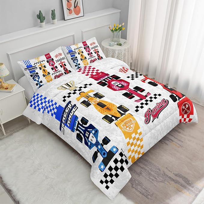 Axolotl Racing Car Comforter Set Twin Size,Colorful Sports Car Bedding Set for Kids Boys Teen Adult,Extreme Speed Race Bedding Sets Car Theme Bedroom Decor with 1 Comforter and 2 Pillowcases - LeafyLoom
