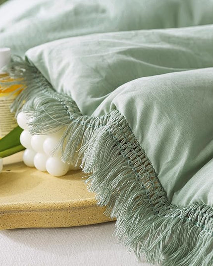 Andency Sage Green Tassel Comforter Set Full(79x90Inch), 3 Pieces(1 Fringe Comforter, 2 Pillowcases) Boho Farmhouse Shabby Chic , Microfiber Lightweight Bedding Set - LeafyLoom