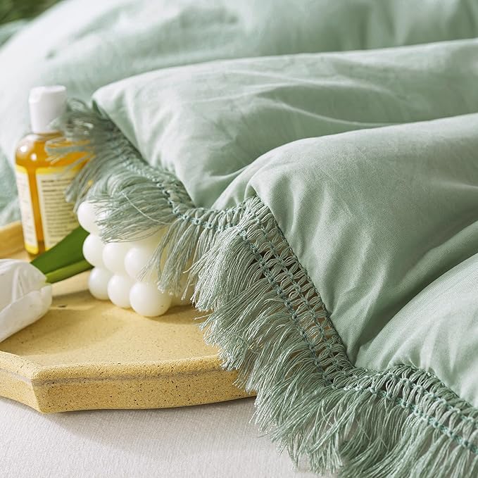 Andency Sage Green Tassel Comforter Set Full(79x90Inch), 3 Pieces(1 Fringe Comforter, 2 Pillowcases) Boho Farmhouse Shabby Chic , Microfiber Lightweight Bedding Set - LeafyLoom