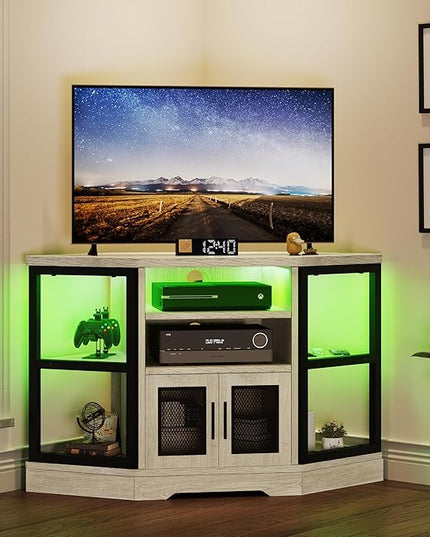 YITAHOME RGB LED Corner TV Stand for TVs up to 55/50 Inch with Power Outlet, Modern Farmhouse Entertainment Center, Wood TV Media Console with Storage Shelves for Living Room, White Oak - LeafyLoom