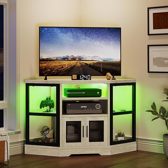 YITAHOME RGB LED Corner TV Stand for TVs up to 55/50 Inch with Power Outlet, Modern Farmhouse Entertainment Center, Wood TV Media Console with Storage Shelves for Living Room, White Oak - LeafyLoom