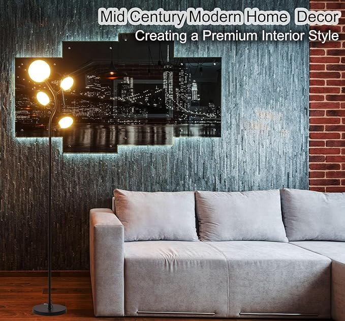 Modern Black 4 Globe Floor Lamp for Living Room - Contemporary Tree Floor Lamp with White Frosted Glass Shade and LED Bulbs, Mid Century Modern Standing Lamp for Bedroom & Home Office - LeafyLoom