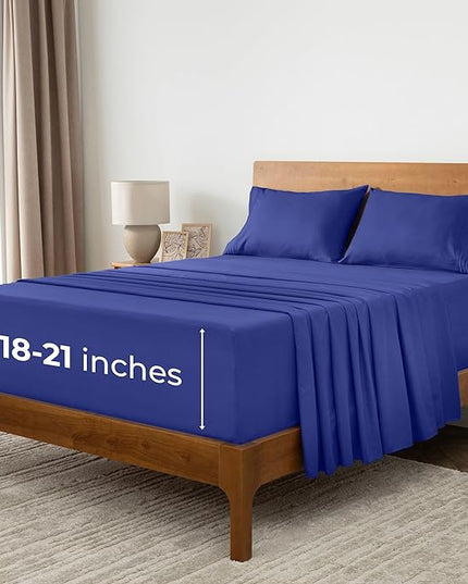 Mellanni Extra Deep Queen Sheets - 4 PC Iconic Collection Bedding Sheets & Pillowcases - Hotel Luxury, Ultra Soft, Cooling Bed Sheets - Extra Deep Pocket up to 21 inch (Queen, Royal Blue) - LeafyLoom