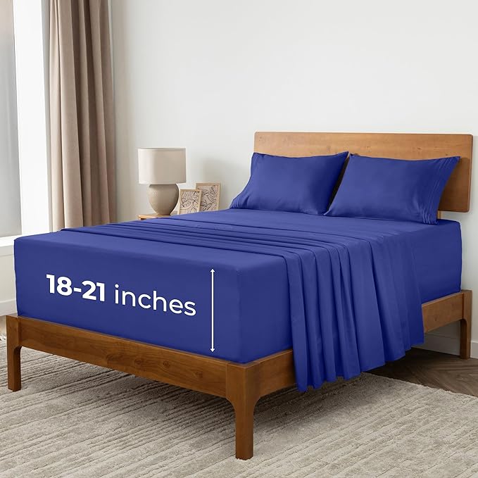 Mellanni Extra Deep King Sheets - 4 PC Iconic Collection Bedding Sheets & Pillowcases - Hotel Luxury, Ultra Soft, Cooling Bed Sheets - Extra Deep Pocket up to 21 inch (King, Royal Blue) - LeafyLoom