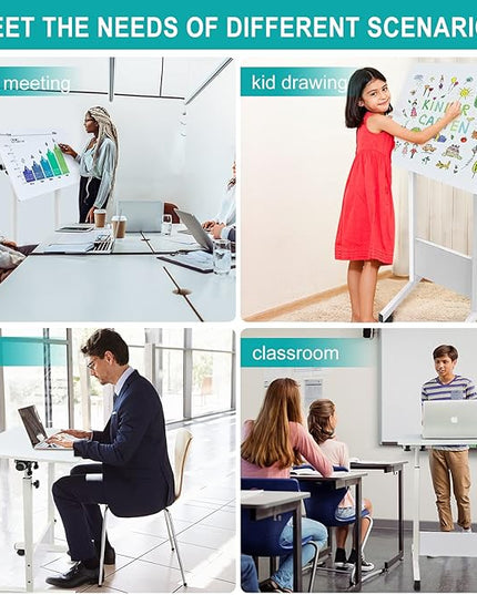 Adjustable Height Standing Desk, Writable Tempered Glass Desktop with Eraser, 360° Flip, Wheels – Ideal for Small Spaces and Home Offices, 31 in, White(Adjustable Height: 32-47 in) - LeafyLoom