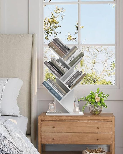 Tree Bookshelf, 5 -Tier Book Storage Organizer Shelves Floor Standing Bookcase, Wood Storage Rack for Office Home School Shelf Display for Cd/Magazine（White） - LeafyLoom