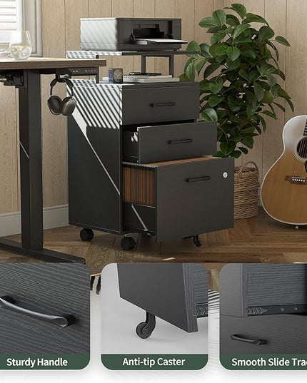 FEZIBO File Cabinet with Lock for Home Office, 3-Drawer Rolling Filing Cabinet, Home Office File Cabinet for A4/Letter/Legal Size, Printer Stand, Wooden Storage Cabinet, Black - LeafyLoom