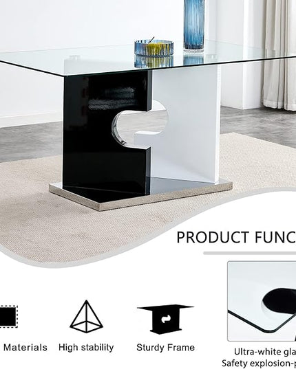 NicBex Large Modern Minimalist Rectangular Glass Dining Table for 6-8 with 0.39" Tempered Glass Tabletop and MDF Slab Special-Shaped Bracket for Kitchen Dining Room Banquet Hall, White + Black - LeafyLoom