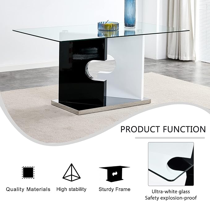 NicBex Large Modern Minimalist Rectangular Glass Dining Table for 6-8 with 0.39" Tempered Glass Tabletop and MDF Slab Special-Shaped Bracket for Kitchen Dining Room Banquet Hall, White + Black - LeafyLoom