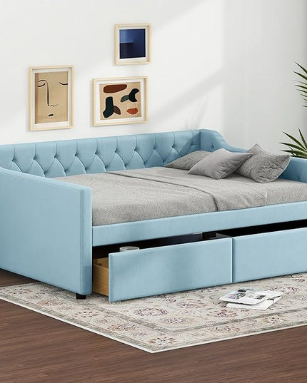 Full Size Velvet Upholstered Tufted Daybed with 2 Drawers,Modern Wood Bed Frame w/Armrests,Slat Support,No Box Spring Needed,Daybeds for Apartment,Bedroom,Guest Room,Blue - LeafyLoom