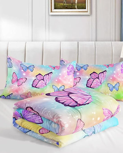 Datura home Bedding Comforter Set Rainbow Watercolor Butterfly Printed Pattern Quilt with 1 and 2 Pillowcases for Girls Bedroom All Season(Butterfly Queen) Queen 90x90inches - LeafyLoom