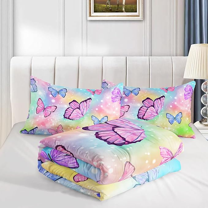 Datura home Bedding Comforter Set Rainbow Watercolor Butterfly Printed Pattern Quilt with 1 and 2 Pillowcases for Girls Bedroom All Season(Butterfly Queen) Queen 90x90inches - LeafyLoom