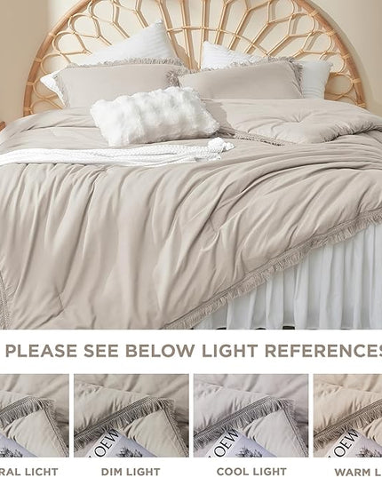 Litanika Linen Grey Cal King Size Comforter Set, Boho Tassel Comforter Aesthetic 3 Pieces, Lightweight Fringe Microfiber Bedding Set for All Season(1 Comforter 104x96 inch, 2 Pillowcases) - LeafyLoom