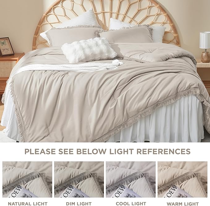 Litanika Linen Grey Cal King Size Comforter Set, Boho Tassel Comforter Aesthetic 3 Pieces, Lightweight Fringe Microfiber Bedding Set for All Season(1 Comforter 104x96 inch, 2 Pillowcases) - LeafyLoom