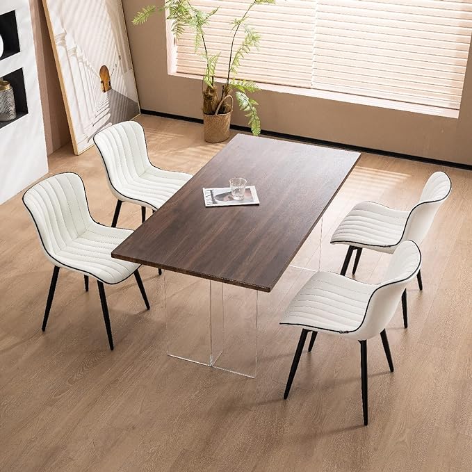 YOUNUOKE White Dining Chairs Set of 2 Upholstered Mid Century Modern Kitchen Chair Armless Faux Leather Accent Guest Chair with Back Metal Legs for Living Reception Waiting Room Bedrooms - LeafyLoom