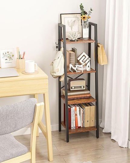 YMYNY 4 Tiers Ladder Bookcase, Industrial Narrow Bookshelf, Open Display Rack with 4 S Hooks, Metal Storage Shelves for Bedroom, Home Office, Living Room, Rustic Brown, 49.2H*13.4L*11.8W, UHBC024H - LeafyLoom