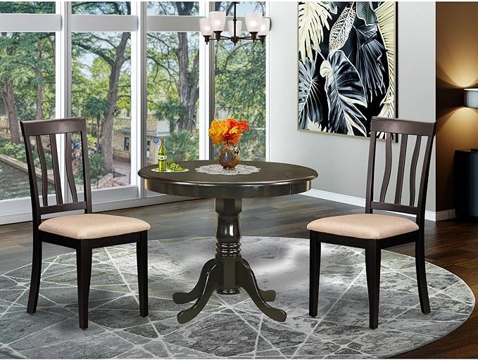East West Furniture ANTI3-CAP-C Antique 3 Piece Room Set Contains a Round Kitchen Table with Pedestal and 2 Linen Fabric Upholstered Dining Chairs, 36x36 Inch - LeafyLoom
