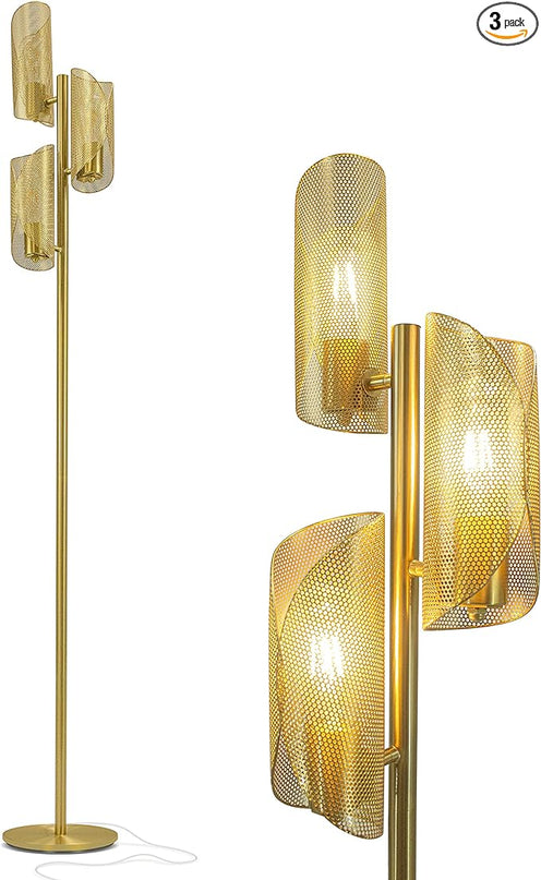Brightech Lyra LED Tree Floor Lamp for Mid-Century Modern, Contemporary, Industrial Décor, 3 Light Head Standing Lamp with Metal Cage Shade, Standing Pole Tall Lamp for Living Room, Bedroom - Brass - LeafyLoom