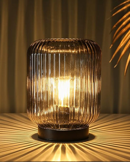 Battery Operated Lamp, Cordless Table Lamps for Home Decor, Battery Powered Nightlight with LED Bulb, Decorative Glass Beside Lamp for Bedroom Living Room-Grey - LeafyLoom