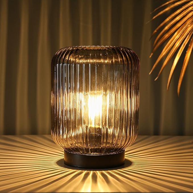 Battery Operated Lamp, Cordless Table Lamps for Home Decor, Battery Powered Nightlight with LED Bulb, Decorative Glass Beside Lamp for Bedroom Living Room-Grey - LeafyLoom