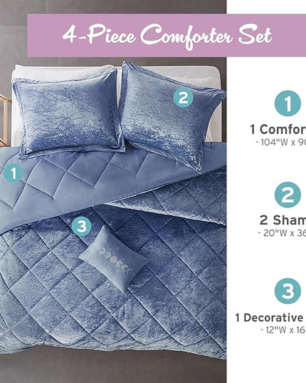 Intelligent Design King Comforter Set, Velvet Comforter Set , Luxury Diamond Quilting Comforter Set, Fluffy Comforter Bed Set with Decorative Pillowand 2 Shams, 4 Piece Blue, King/ Cal King - LeafyLoom