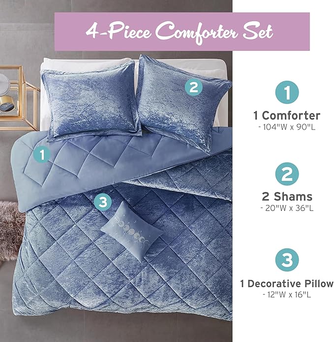 Intelligent Design King Comforter Set, Velvet Comforter Set , Luxury Diamond Quilting Comforter Set, Fluffy Comforter Bed Set with Decorative Pillowand 2 Shams, 4 Piece Blue, King/ Cal King - LeafyLoom