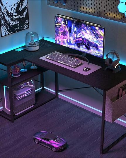 Small Computer Desk with Power Outlets, 40 Inch L Shaped Desk with Reversible Shelves, Gaming Desk Corner Desk Study Writing Table for Home Office Bedroom Living Room, Black - LeafyLoom