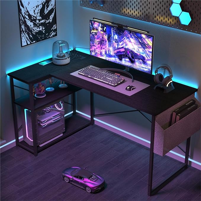 Small Computer Desk with Power Outlets, 40 Inch L Shaped Desk with Reversible Shelves, Gaming Desk Corner Desk Study Writing Table for Home Office Bedroom Living Room, Black - LeafyLoom