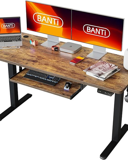 BANTI 55" x 24" Height Adjustable Electric Standing Desk with Keyboard Tray, Sit Stand up Desk with Splice Board, Black Frame/Rustic Brown Top - LeafyLoom