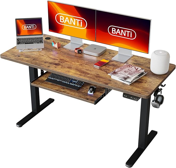 BANTI 55" x 24" Height Adjustable Electric Standing Desk with Keyboard Tray, Sit Stand up Desk with Splice Board, Black Frame/Rustic Brown Top - LeafyLoom
