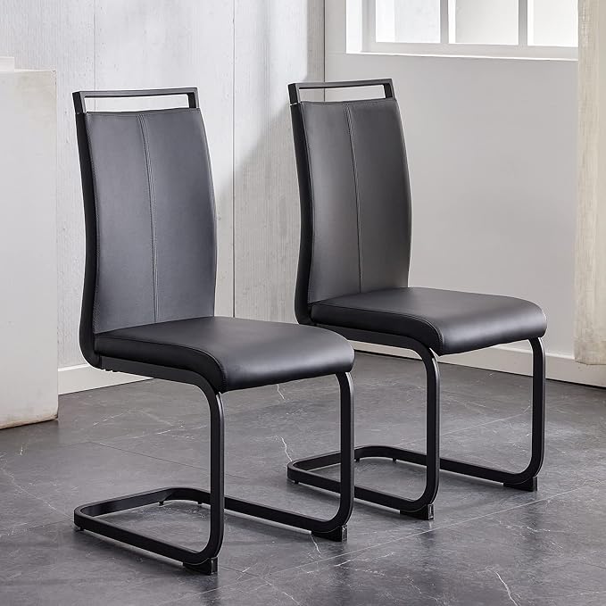 PU Faux Leather Dining Chairs Set of 2, Modern Dining Room Chair Kitchen Chairs with Upholstered Seat, Black Metal Legs and High Back, Sillas para Comedor, Black+PU - LeafyLoom