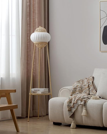 Hikari - Japanese Boho-Chic - Floor Lamp with Shelf Adjustable Height, Silk, Bamboo Woven Shade, for Living Room, Bedroom, Study - UL Listed - LeafyLoom