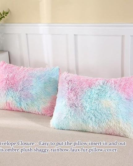 WINLIFE Faux Fur Comforter Set Twin Size for Girls Bedding Plush Shaggy Comforter Sets Gradient Ombre Tie Dye Bed Set Fuzzy Furry Long Hair Fluffy Comforter (3Pcs, Twin, Rainbow) - LeafyLoom