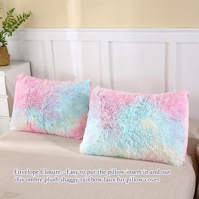 WINLIFE Faux Fur Comforter Set Twin Size for Girls Bedding Plush Shaggy Comforter Sets Gradient Ombre Tie Dye Bed Set Fuzzy Furry Long Hair Fluffy Comforter (3Pcs, Twin, Rainbow) - LeafyLoom