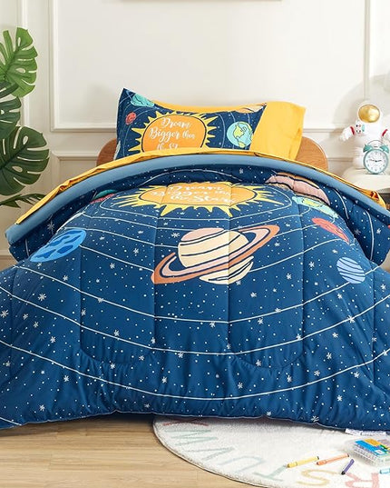 SLEEP ZONE Kids 7-Piece Soft Lightweight Bed in a Bag for Boys, Include Comforter, Flat Sheet, Fitted Sheet, Pillow sham, Pillowcase, Down Alternative Comforter Set(Solar System, Full/Queen) - LeafyLoom